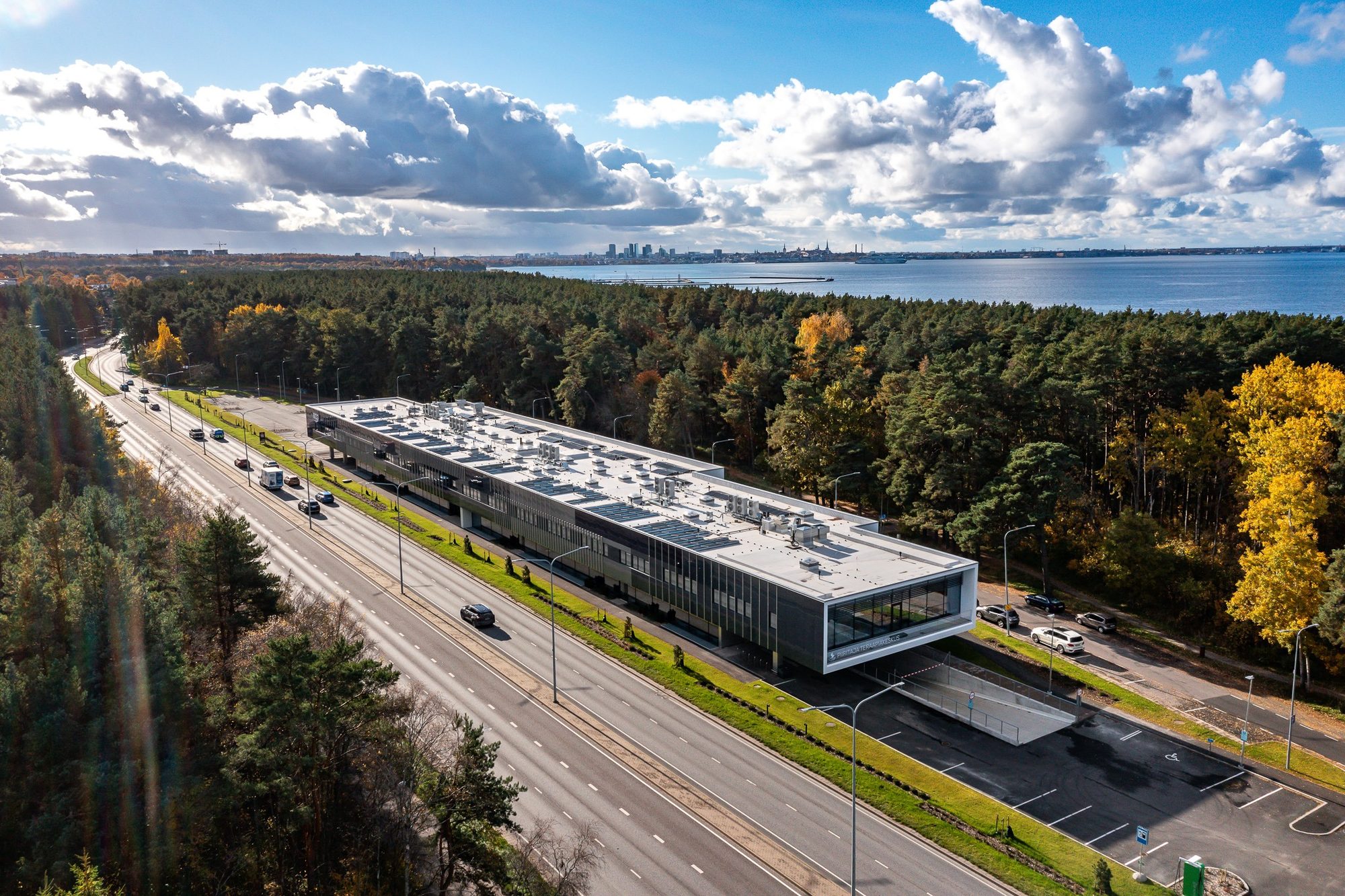 Drone view of M33 Merivälja Tervisemaja towards Pirita and Tallinn
